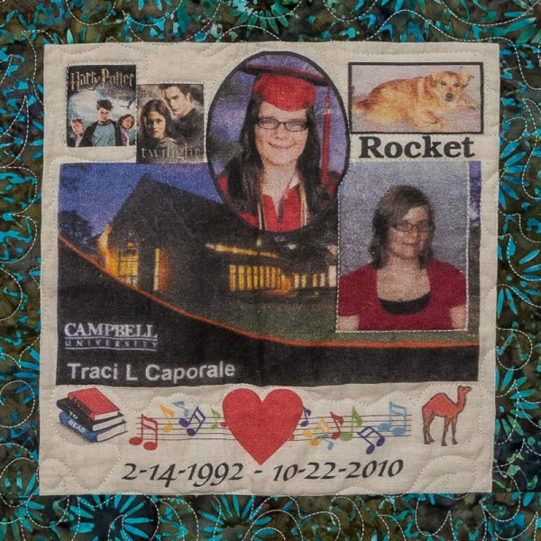 Quilt square for Traci Lyn Caporale with Harry Potter, Twilight, a dog (rocket), music, a heart and portrait photos of Traci.
