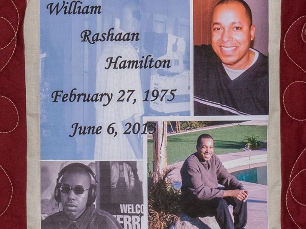 Quilt square for William Rashaan Hamilton with photos of William behind a video camera, wearing studio monitors, and at home.