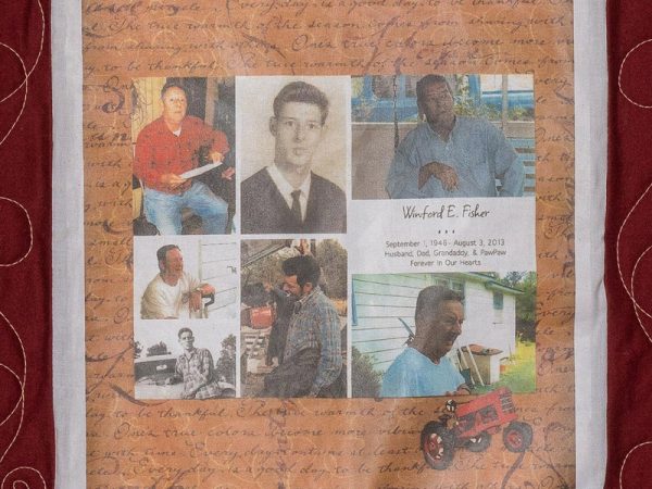 Quilt square for Winford Fisher with a collage of photos of Winford from different times in his life and a patch of a tractor.
