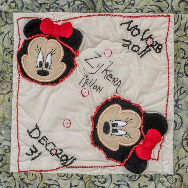 Quilt square for Zy’Kera Melton with patches of Mini Mouse.