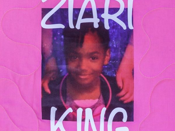 Quilt square for Ziari King with photo of Ziari on a pink background