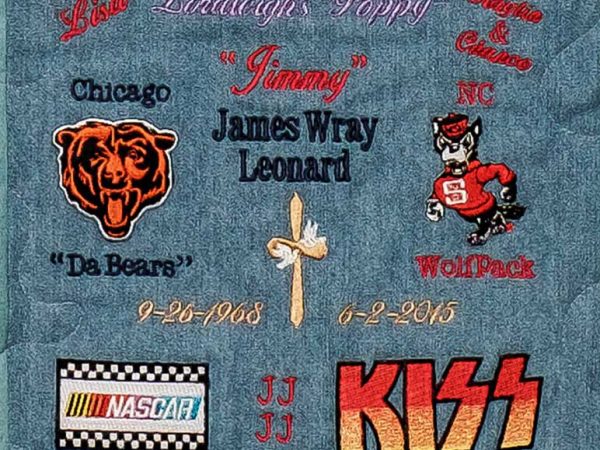 Quilt square for James Leonard with patches of the Chicago Bears, NC State Wolf Pack, Nascar, Kiss and a cross. Text reading: Lisa, Jimmy, JJ JJ, Da Bears