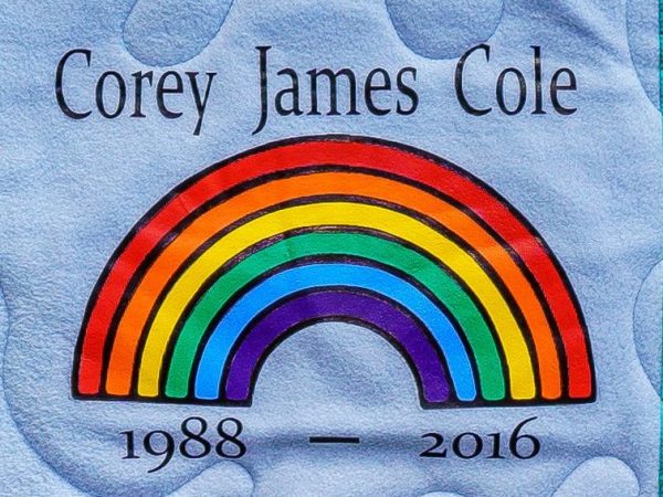 Quilt square for Corey Cole with a rainbow