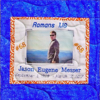 Quilt square for Jason Eugene Messer with a photo of Jason in the mountains and text reading: Romans 1:16
