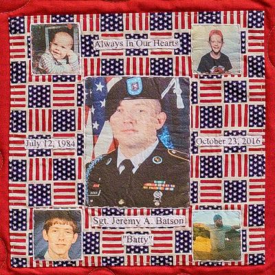 Quilt square for Jeremy Batson with photos of Jeremy at different times in his life and in uniform.