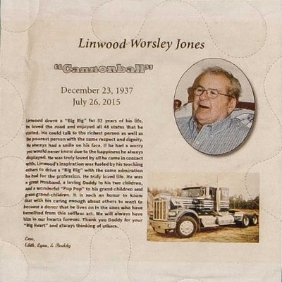 Quilt square for Linwood Jones with a photo of Linwood and a semitruck