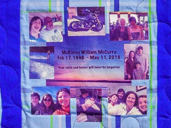 Quilt square for McKinley McCurry with a collage of photos of McKinley with Family and a sunset in the center.