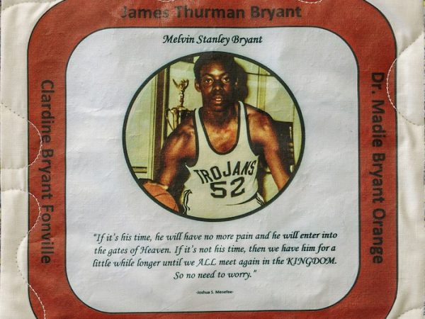 Quilt square for Melvin Stanley Bryant with a photo of Melvin playing basketball and names around the photo: James Thurman Bryant, Clardine Bryant Fonville, Wanda Bryant Strayhorn, Dr. Madie Bryant Orange