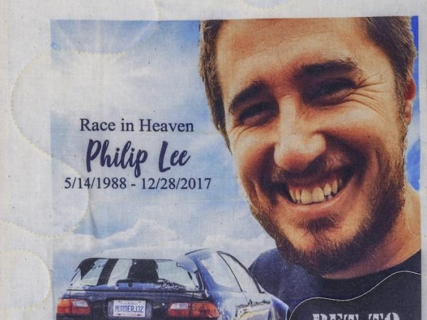 Quilt square for Philip Lee with a photo of Philip and a modified car. Text reading: Race in Heaven, Bet to the Sky