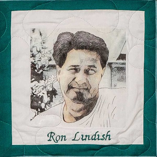 Quilt square for Ron Lindish with an illustration of Ron