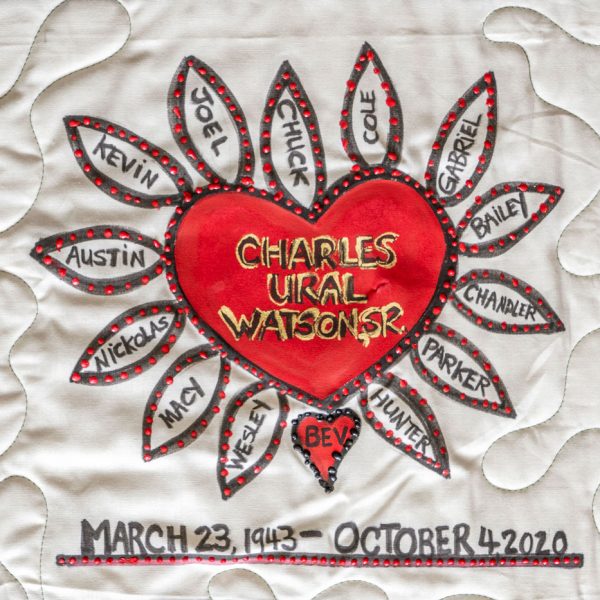 Quilt Square for Charles Watson with heart and names of family members